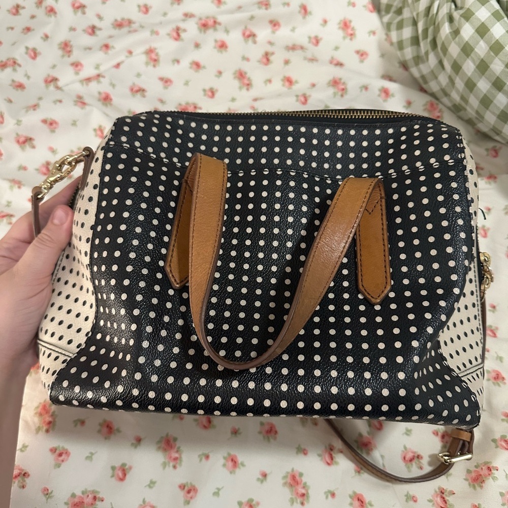 Fossil Retro Leather Sydney Black and White Polka Dot Crossbody Shoulder Bag